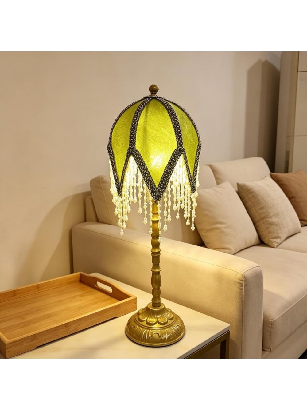 Vintage Tassel Table Lamp with Beaded Shade, Elegant Green & Gold Home Decor